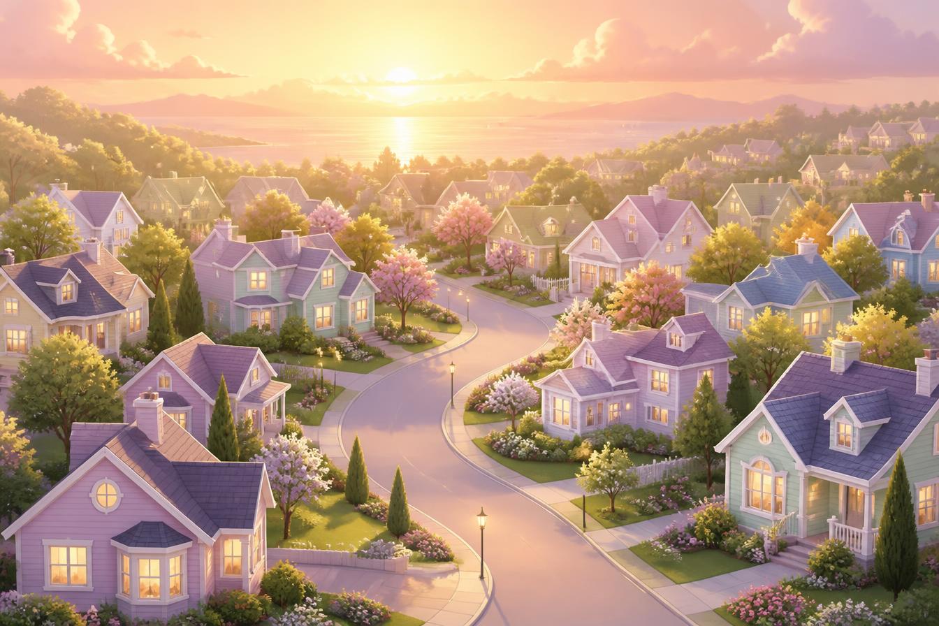 Beautiful suburban neighborhood at sunset